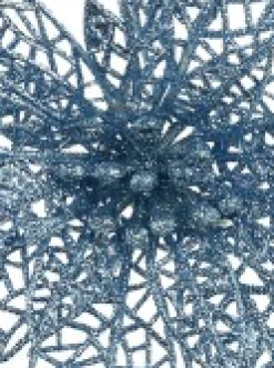 Outlet Christmas Warehouse Blue Glitter Netted Vein Leaf Poinsettia Decorative Christmas Flower Pick - 14Cm