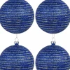 Outlet Christmas Warehouse Blue Glittered Christmas Baubles With Silver Glittered Stripes - 4 X 80Mm