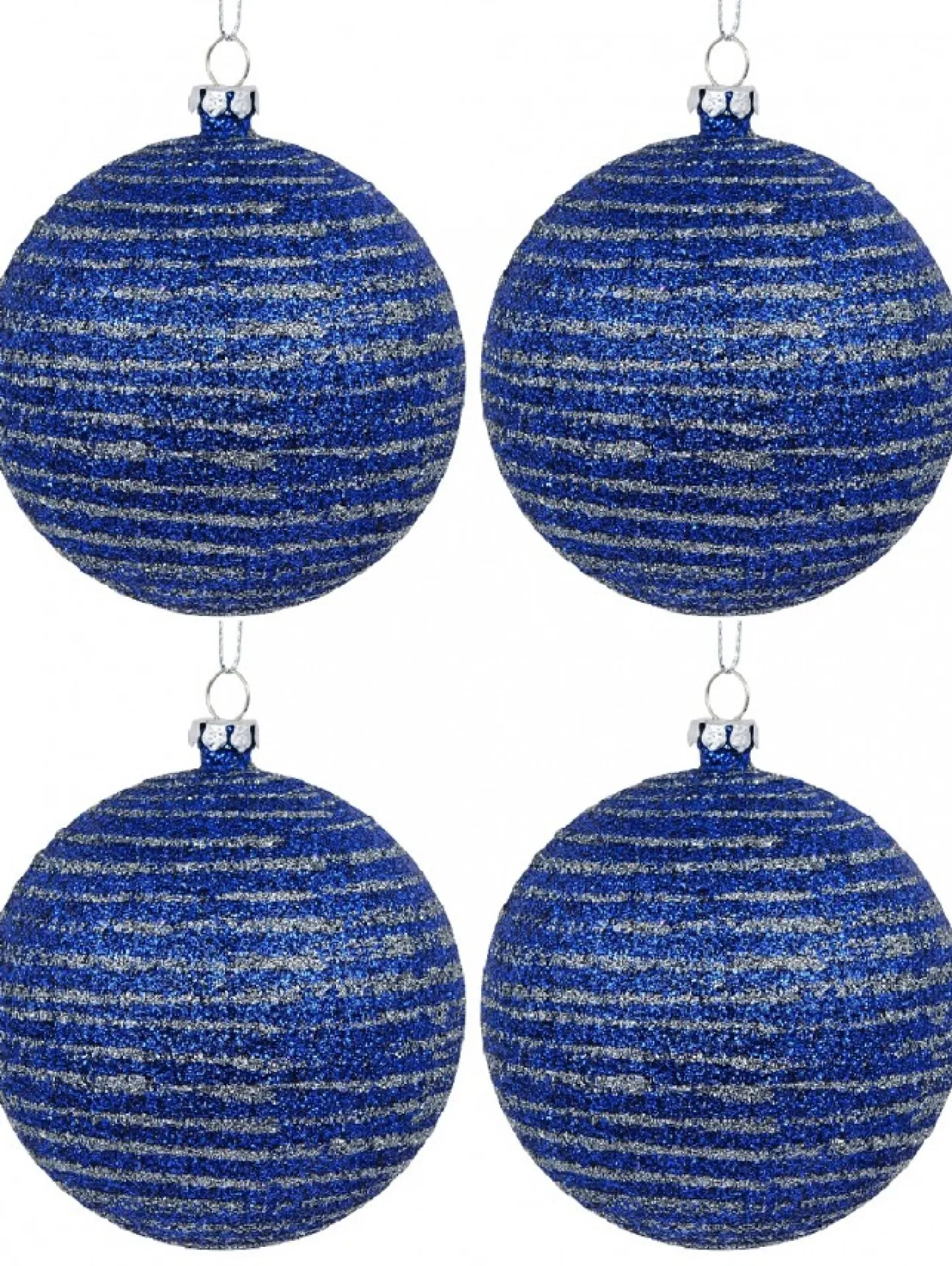 Outlet Christmas Warehouse Blue Glittered Christmas Baubles With Silver Glittered Stripes - 4 X 80Mm