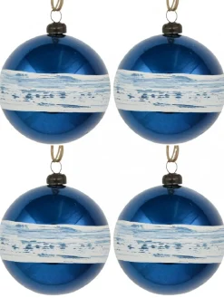 Online Christmas Warehouse Blue Gloss Christmas Bauble Decorations With Cream Stripe Band - 4 X 80Mm