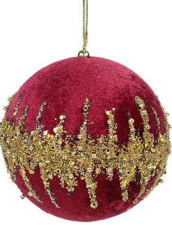 Fashion Christmas Warehouse Burgundy Velvet Bauble With Gold Christmas Tree Hanging Decoration - 10Cm