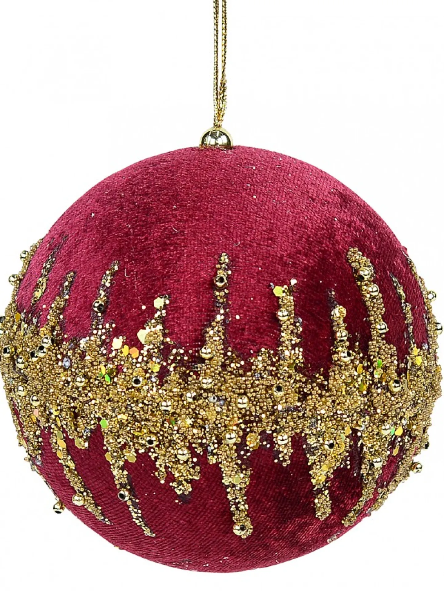Fashion Christmas Warehouse Burgundy Velvet Bauble With Gold Christmas Tree Hanging Decoration - 10Cm