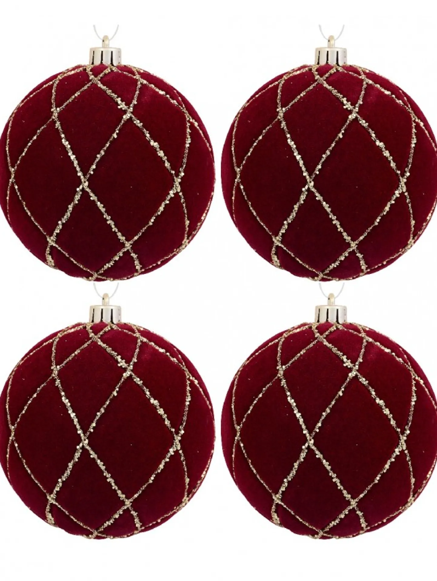 Clearance Christmas Warehouse Burgundy Velvet Baubles With Diamond Pattern Gold Sequin Lines - 4 X 10Cm