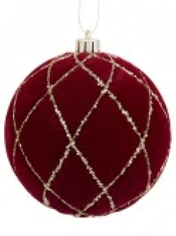 Clearance Christmas Warehouse Burgundy Velvet Baubles With Diamond Pattern Gold Sequin Lines - 4 X 10Cm