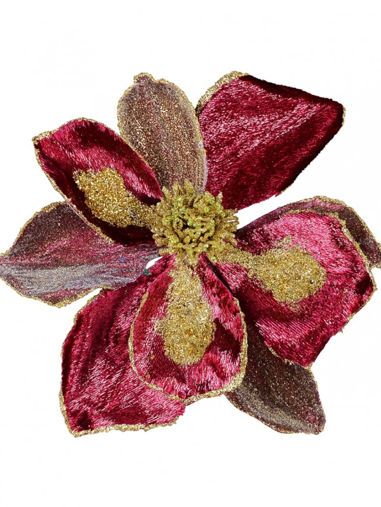 Best Sale Christmas Warehouse Burgundy With Gold Glitter Magnolia Decorative Christmas Flower Pick - 22Cm