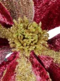 Best Sale Christmas Warehouse Burgundy With Gold Glitter Magnolia Decorative Christmas Flower Pick - 22Cm