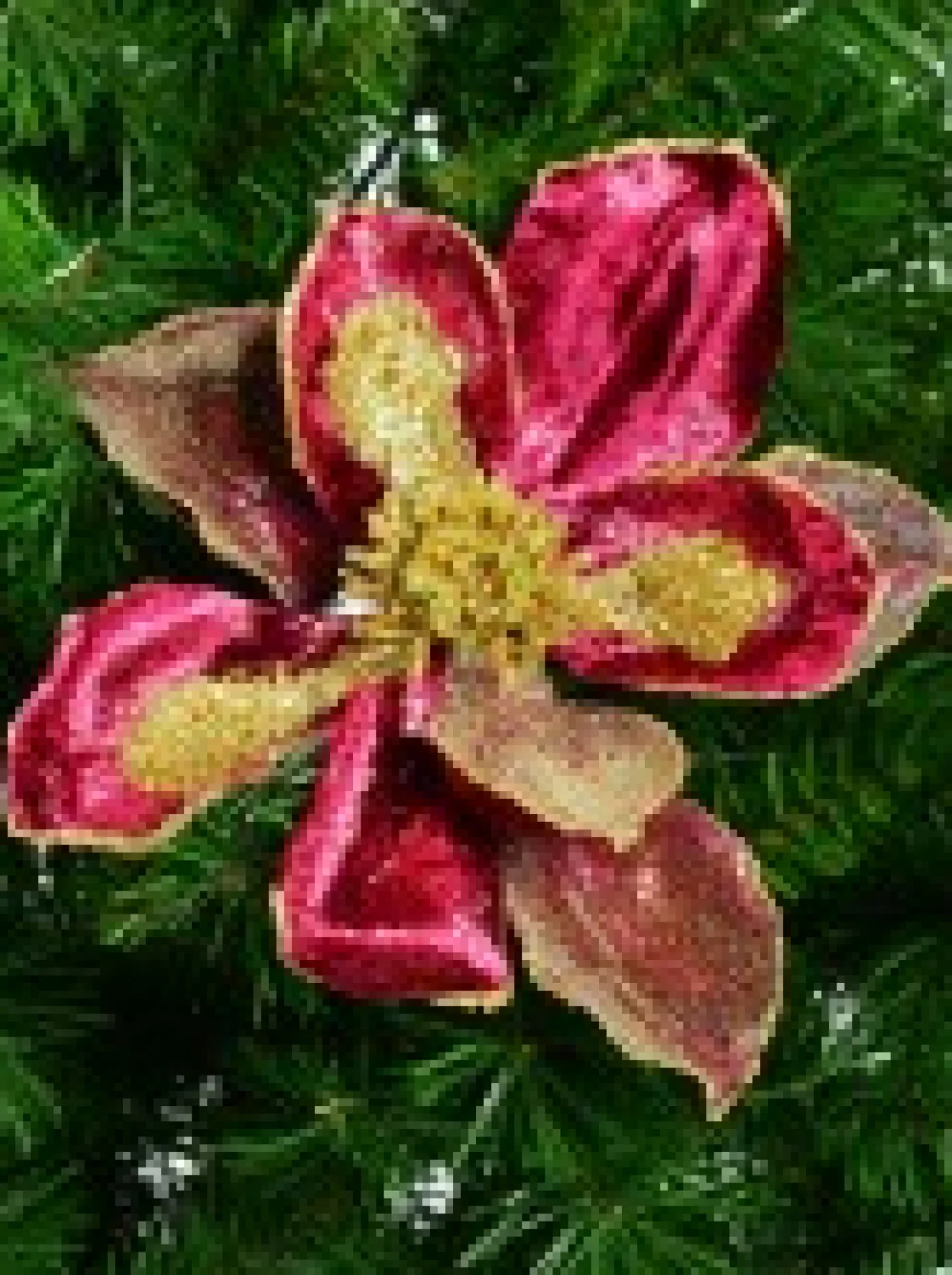 Best Sale Christmas Warehouse Burgundy With Gold Glitter Magnolia Decorative Christmas Flower Pick - 22Cm