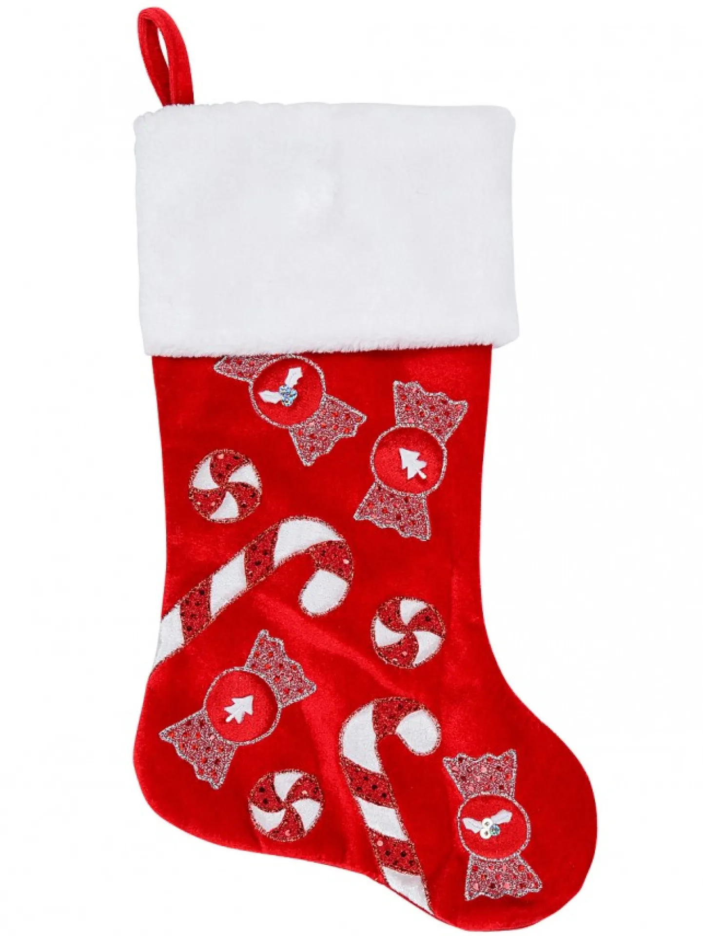 Online Christmas Warehouse Candy Canes & Lollies Red Velvet With White Cuff Christmas Stocking - 48Cm