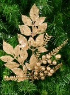 Outlet Christmas Warehouse Champagne Glitter Mixed Foliage With Pinecone & Berries Christmas Pick - 28Cm