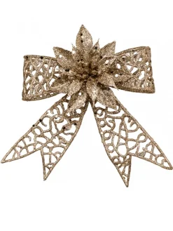 Sale Christmas Warehouse Champagne Mesh Look Ribbon Bow & Poinsettia Christmas Decoration - 15Cm