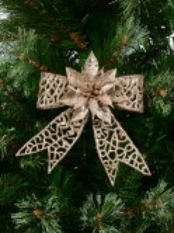 Sale Christmas Warehouse Champagne Mesh Look Ribbon Bow & Poinsettia Christmas Decoration - 15Cm
