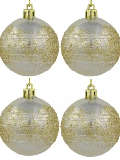 Sale Christmas Warehouse Champagne Pearl Baubles With Gold Glitter & White Stripes - 12 X 60Mm