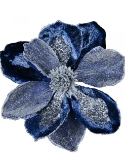 Best Sale Christmas Warehouse Dark Blue With Silver Glitter Magnolia Decorative Christmas Flower Pick - 22Cm