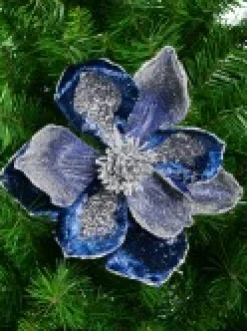 Best Sale Christmas Warehouse Dark Blue With Silver Glitter Magnolia Decorative Christmas Flower Pick - 22Cm
