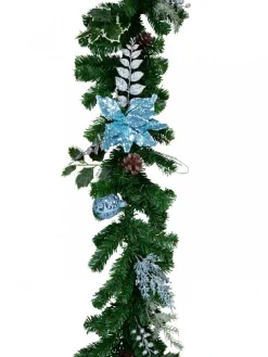 New Christmas Warehouse Decorated Blue Poinsettia, Pine Cone, Foliage & Baubles Pine Garland - 2.7M