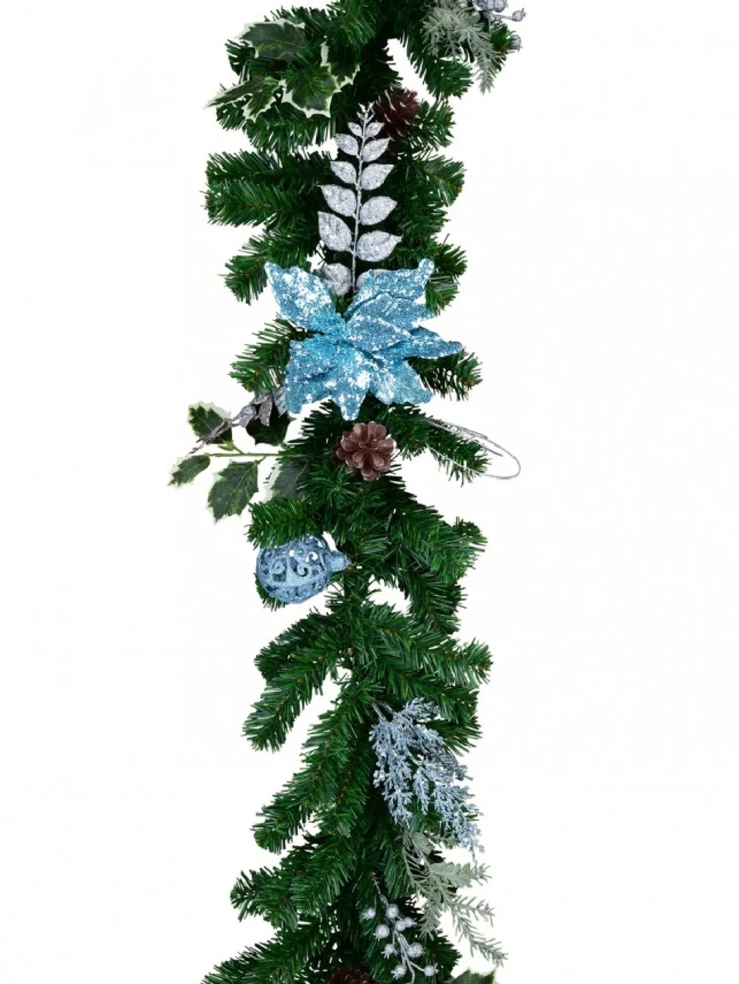 New Christmas Warehouse Decorated Blue Poinsettia, Pine Cone, Foliage & Baubles Pine Garland - 2.7M