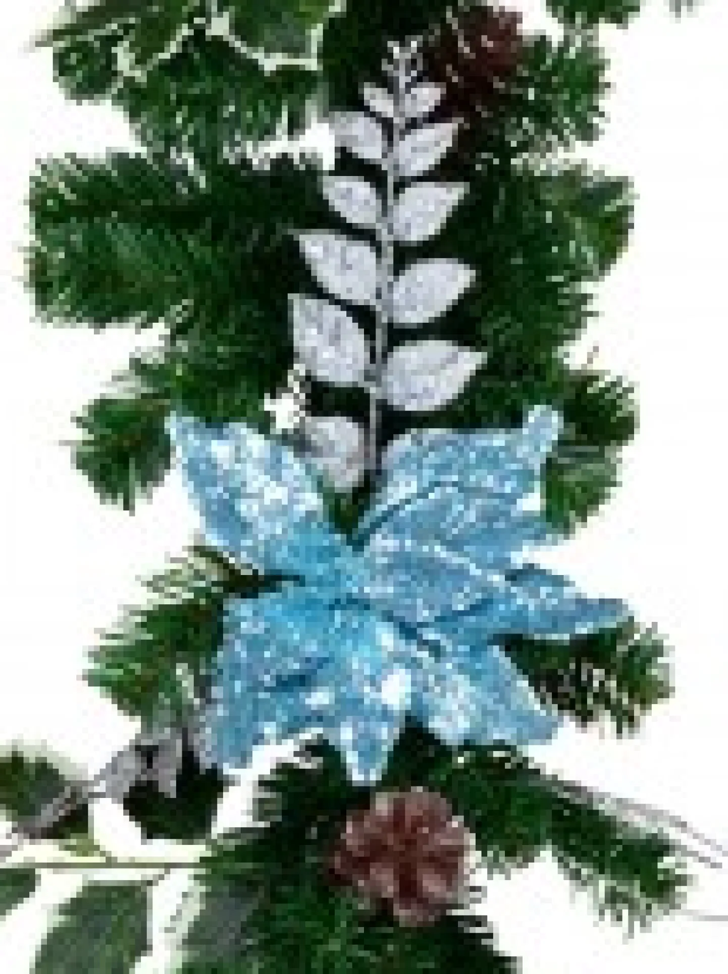 New Christmas Warehouse Decorated Blue Poinsettia, Pine Cone, Foliage & Baubles Pine Garland - 2.7M