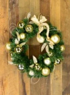 Flash Sale Christmas Warehouse Decorated Gold & Champagne Bauble, Leaf Stem & Bow Pine Wreath - 45Cm