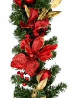Best Christmas Warehouse Decorated Red Bauble, Berry & Poinsettia & Gold Leaf Pine Garland - 1.8M
