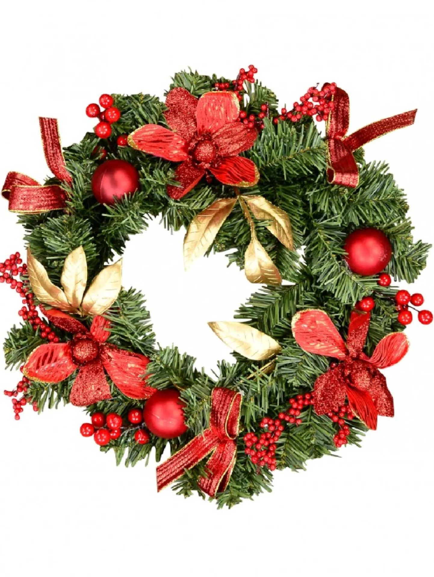 Cheap Christmas Warehouse Decorated Red Bauble, Berry & Poinsettia & Gold Leaf Pine Wreath - 40Cm