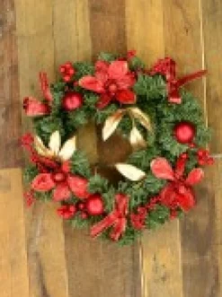 Cheap Christmas Warehouse Decorated Red Bauble, Berry & Poinsettia & Gold Leaf Pine Wreath - 40Cm