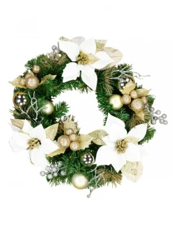 Outlet Christmas Warehouse Decorated White Poinsettia, Mistletoe, Berries & Baubles Pine Wreath - 45Cm