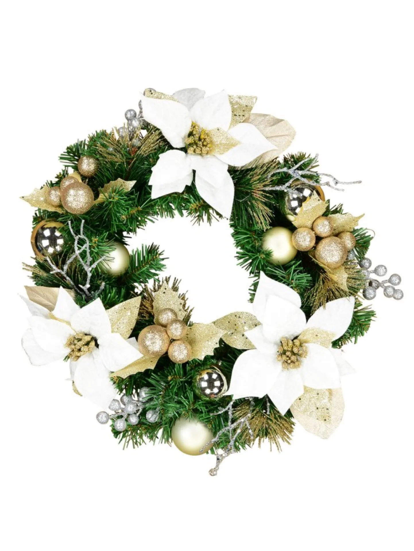 Outlet Christmas Warehouse Decorated White Poinsettia, Mistletoe, Berries & Baubles Pine Wreath - 45Cm