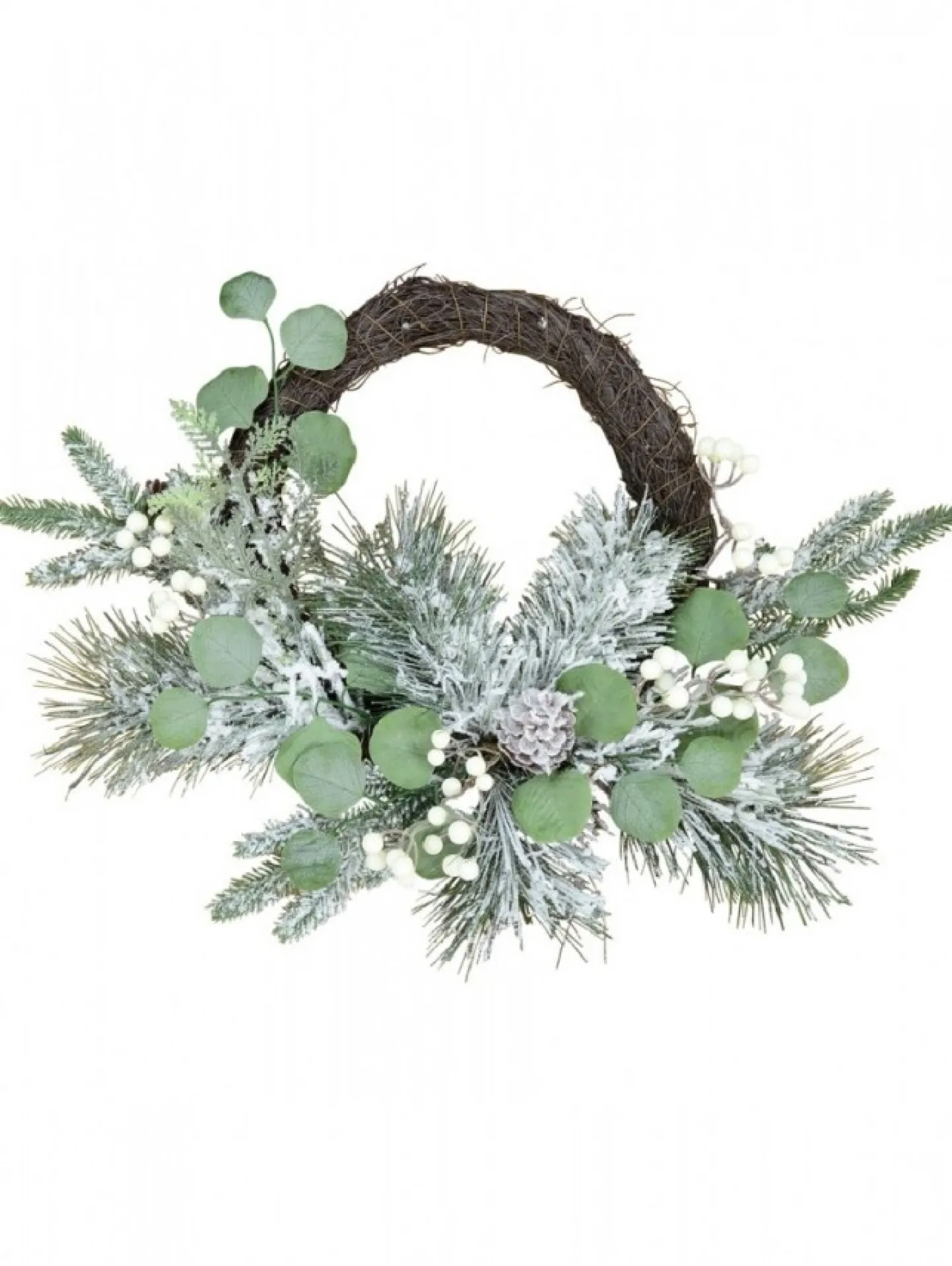 Hot Christmas Warehouse Decorated Wire Spun Winter Wreath With Mixed Flocked Foliage - 50Cm