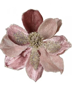Flash Sale Christmas Warehouse Dusty Rose & Champagne Glitter Magnolia Christmas Flower Pick - 22Cm