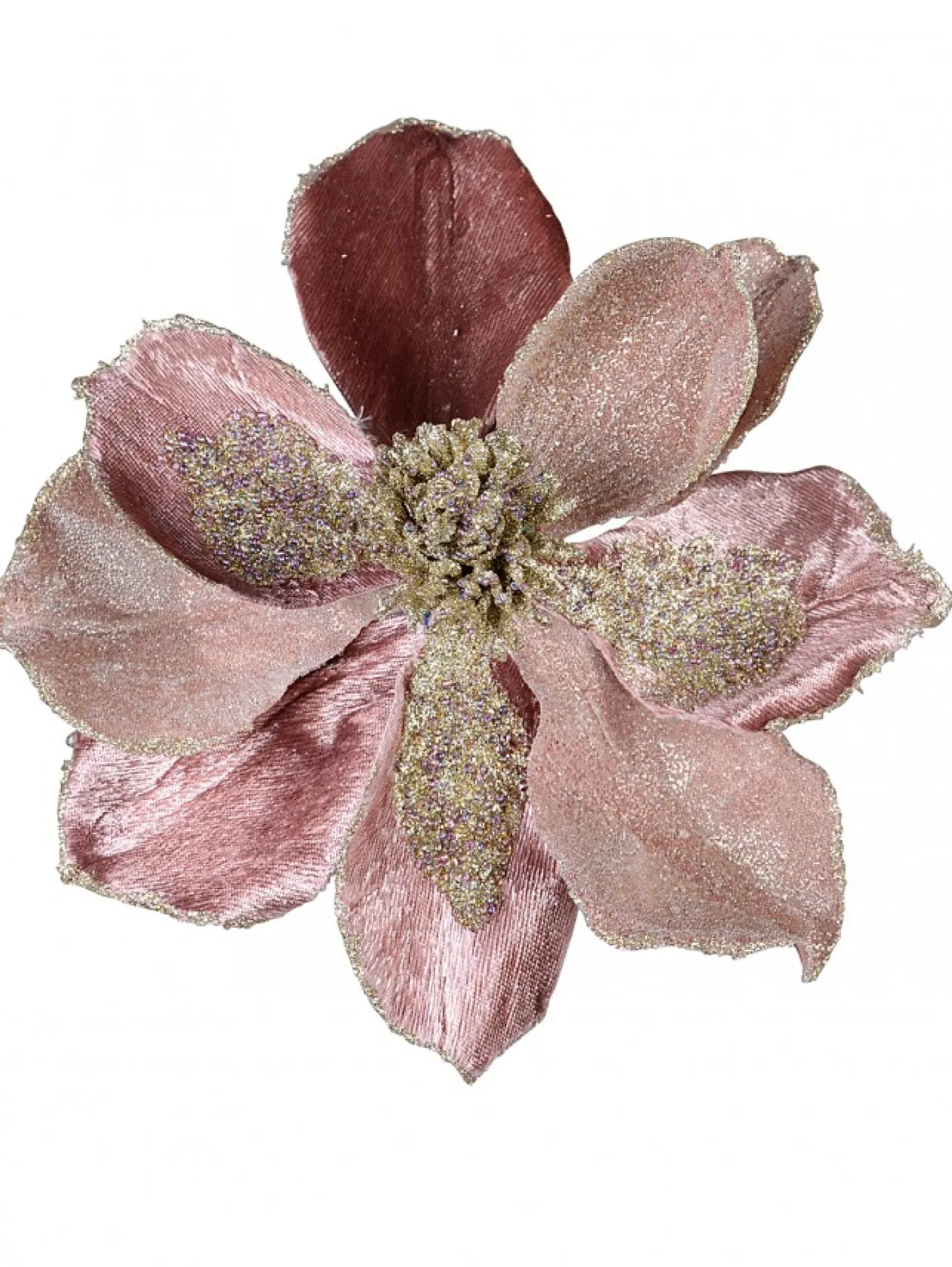 Flash Sale Christmas Warehouse Dusty Rose & Champagne Glitter Magnolia Christmas Flower Pick - 22Cm