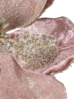 Flash Sale Christmas Warehouse Dusty Rose & Champagne Glitter Magnolia Christmas Flower Pick - 22Cm