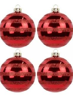 Online Christmas Warehouse Festive Red Gloss Christmas Bauble Decorations With Glitter Stripes - 6 X 70Mm