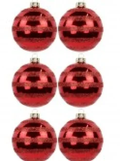 Online Christmas Warehouse Festive Red Gloss Christmas Bauble Decorations With Glitter Stripes - 6 X 70Mm