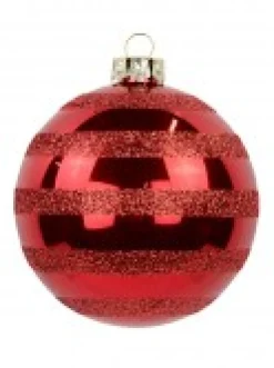 Online Christmas Warehouse Festive Red Gloss Christmas Bauble Decorations With Glitter Stripes - 6 X 70Mm