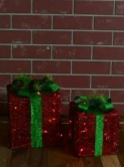 Cheap Christmas Warehouse Glittered Red Mesh 3D Gift Boxes With Bow & Warm White Led Lights - 30Cm