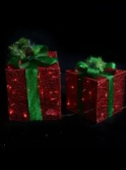 Cheap Christmas Warehouse Glittered Red Mesh 3D Gift Boxes With Bow & Warm White Led Lights - 30Cm
