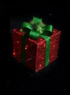 Cheap Christmas Warehouse Glittered Red Mesh 3D Gift Boxes With Bow & Warm White Led Lights - 30Cm