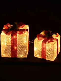 Shop Christmas Warehouse Glittered White Mesh 3D Gift Boxes With Bow & Warm White Led Lights - 30Cm