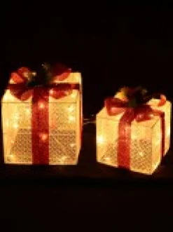 Shop Christmas Warehouse Glittered White Mesh 3D Gift Boxes With Bow & Warm White Led Lights - 30Cm