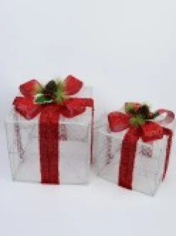 Shop Christmas Warehouse Glittered White Mesh 3D Gift Boxes With Bow & Warm White Led Lights - 30Cm
