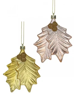 Clearance Christmas Warehouse Gold & Light Rose Gold Mistletoe Leaves Tree Hanging Decorations - 2 X 12Cm