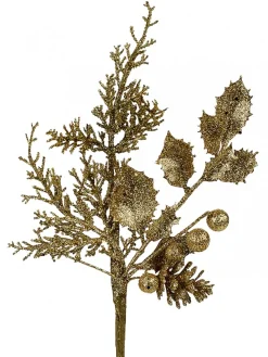 Cheap Christmas Warehouse Gold Glitter Mixed Foliage With Pine Cone & Berries Christmas Spray Pick - 28Cm