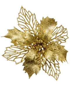 Best Christmas Warehouse Gold Glitter Petal & Leaf Poinsettia Decorative Christmas Flower Pick - 18Cm