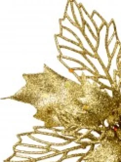 Best Christmas Warehouse Gold Glitter Petal & Leaf Poinsettia Decorative Christmas Flower Pick - 18Cm