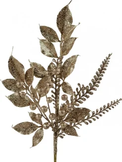 Hot Christmas Warehouse Gold Glittered Leaves, Berries & Eucalyptus Christmas Spray Stem - 54Cm
