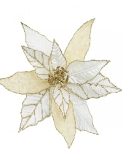 Clearance Christmas Warehouse Gold Glittered White & Cream Poinsettia Decorative Christmas Flower Pick - 28Cm