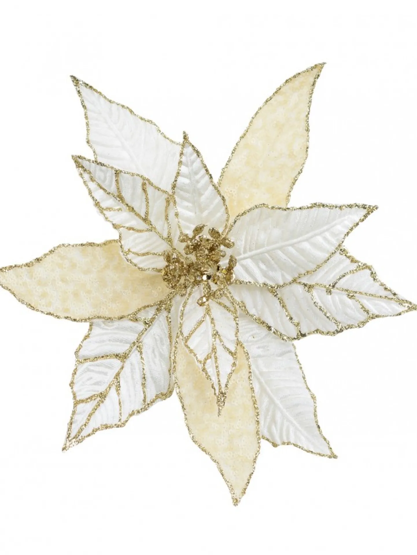 Clearance Christmas Warehouse Gold Glittered White & Cream Poinsettia Decorative Christmas Flower Pick - 28Cm