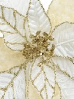 Clearance Christmas Warehouse Gold Glittered White & Cream Poinsettia Decorative Christmas Flower Pick - 28Cm