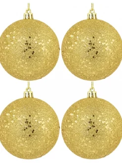 Outlet Christmas Warehouse Gold Metallic Sequins & Glitter Coated Christmas Baubles - 4 X 80Mm