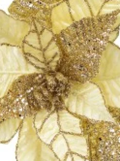 Best Sale Christmas Warehouse Gold Poinsettia With Gold Glitter Detail Decorative Christmas Flower Pick - 25Cm